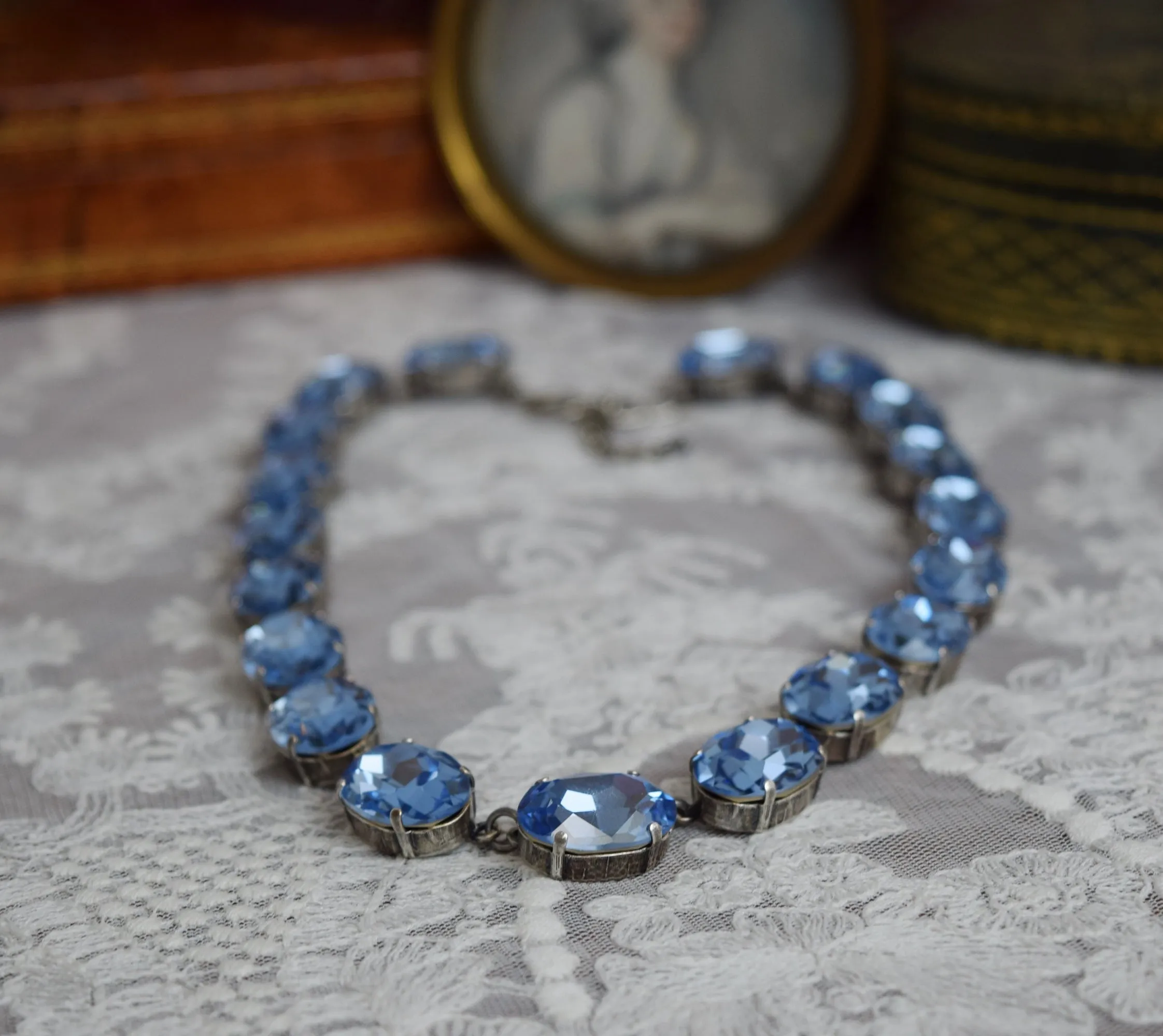 Light Blue Aurora Crystal Collet Necklace - Large Oval