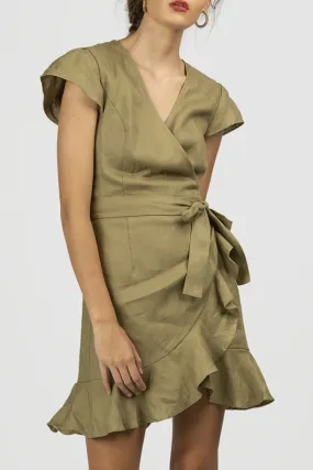 Los Beso Linen Ruffle Wrap Sage Mini Dress