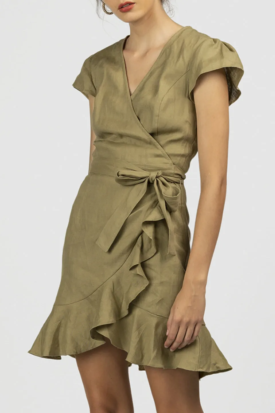 Los Beso Linen Ruffle Wrap Sage Mini Dress