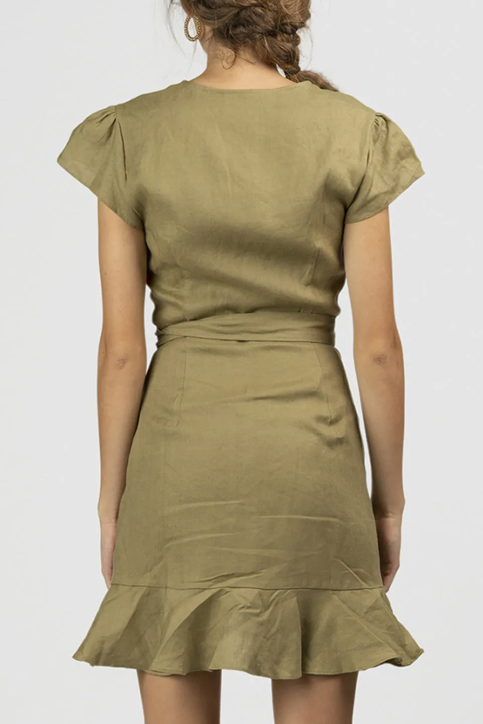 Los Beso Linen Ruffle Wrap Sage Mini Dress