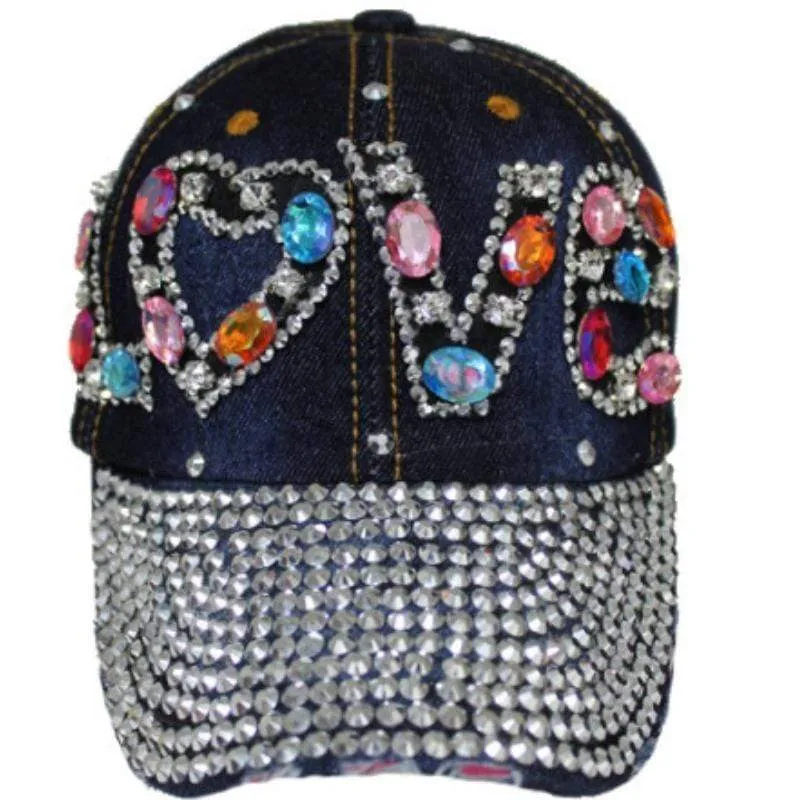 Love Multi Crystal & Rhinestone Bling Bling Studs Denim Cap Dark Blue