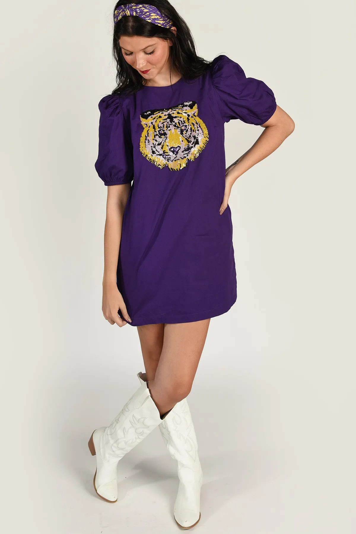 LSU SEQUIN PUFF SLEEVE DRESS