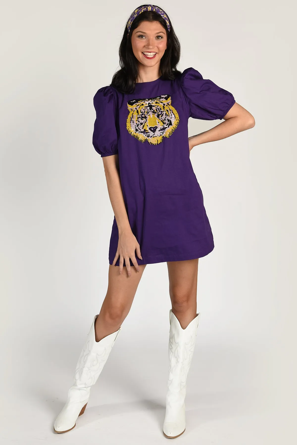 LSU SEQUIN PUFF SLEEVE DRESS