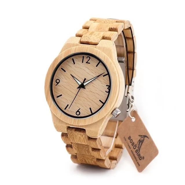 Luxury Bamboo Wooden Watch with Japanese Mechanism and Quartz Display