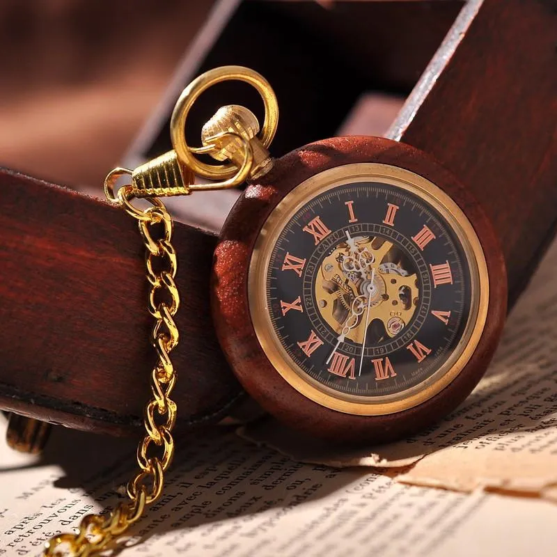 Luxury Wooden Pocket Watch With Arabic Letters and Golden Chain