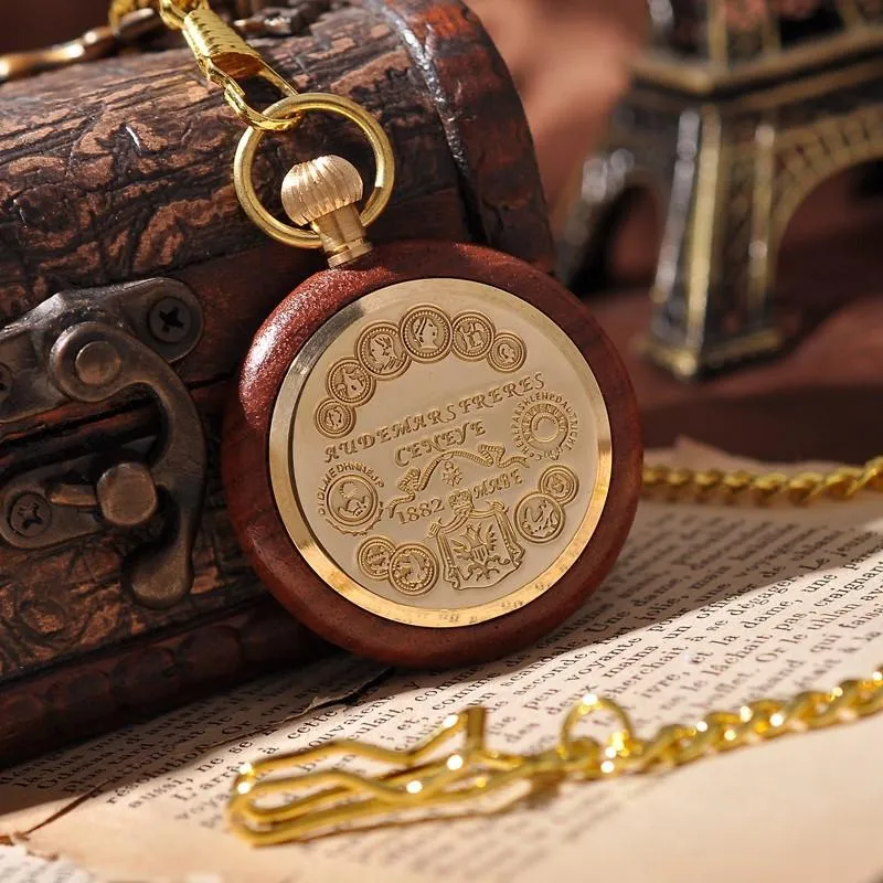 Luxury Wooden Pocket Watch With Arabic Letters and Golden Chain