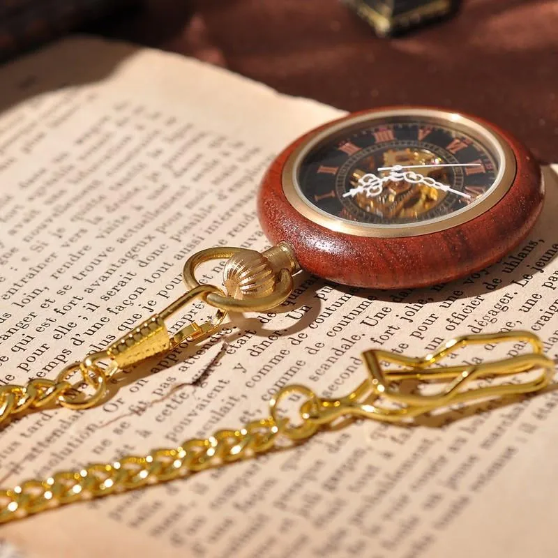 Luxury Wooden Pocket Watch With Arabic Letters and Golden Chain