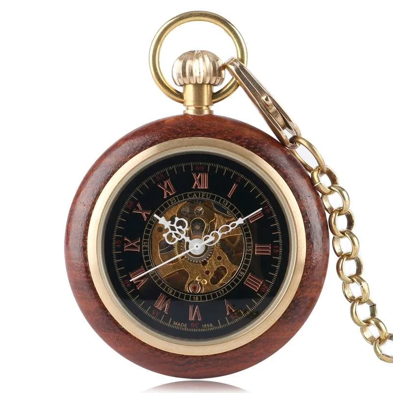 Luxury Wooden Pocket Watch With Arabic Letters and Golden Chain