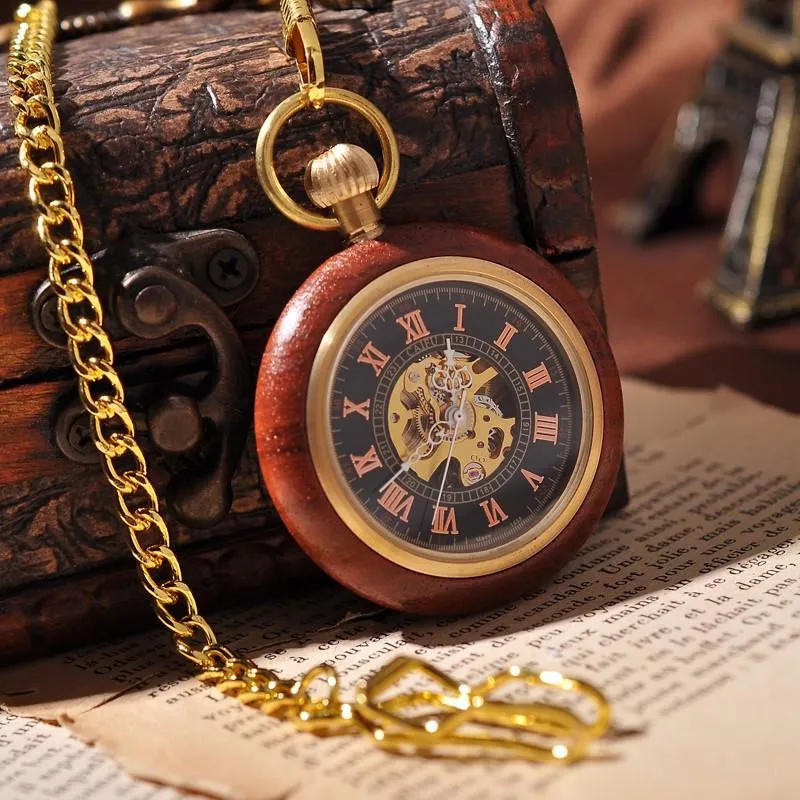 Luxury Wooden Pocket Watch With Arabic Letters and Golden Chain