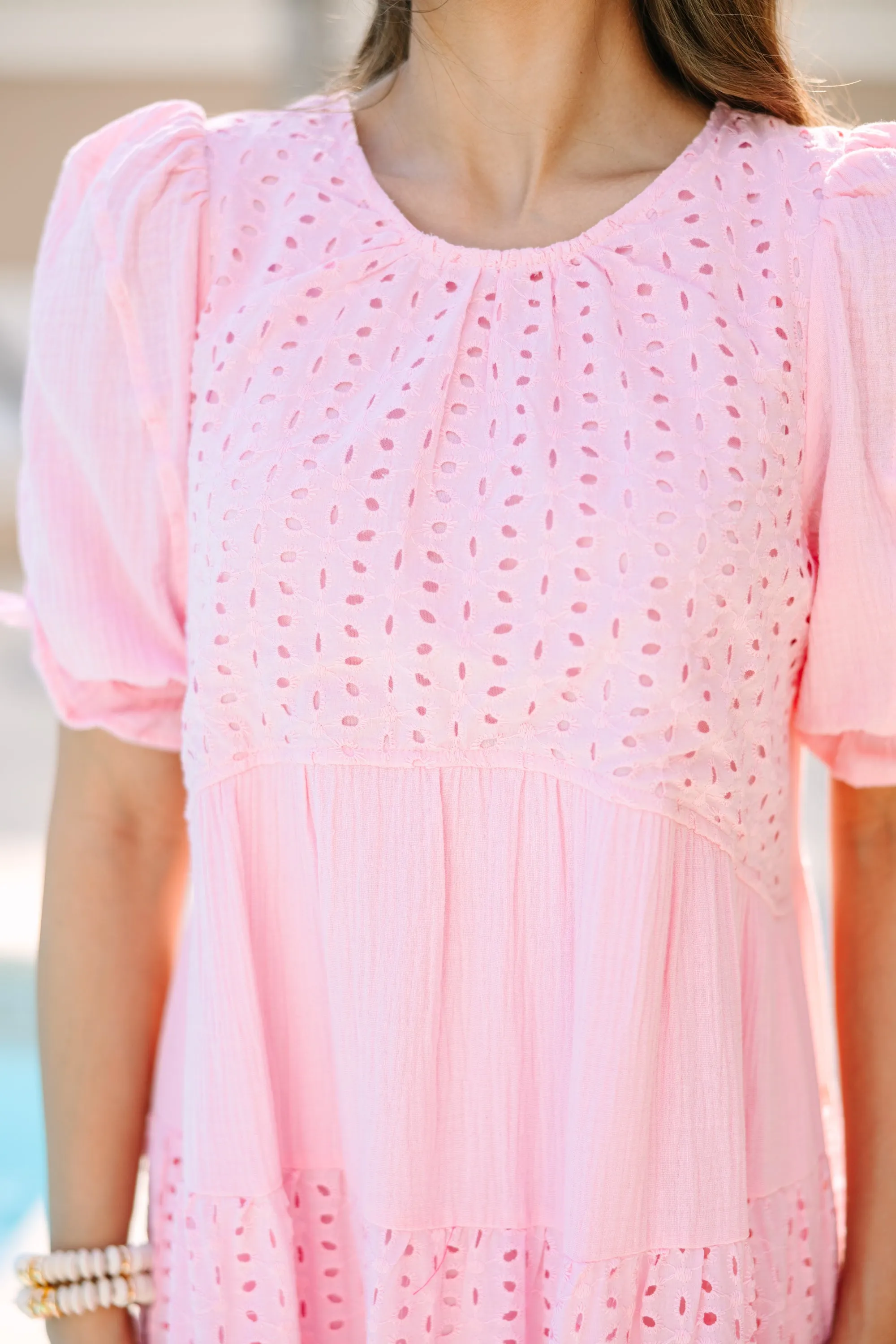 Making Moves Pink Eyelet Midi Dress