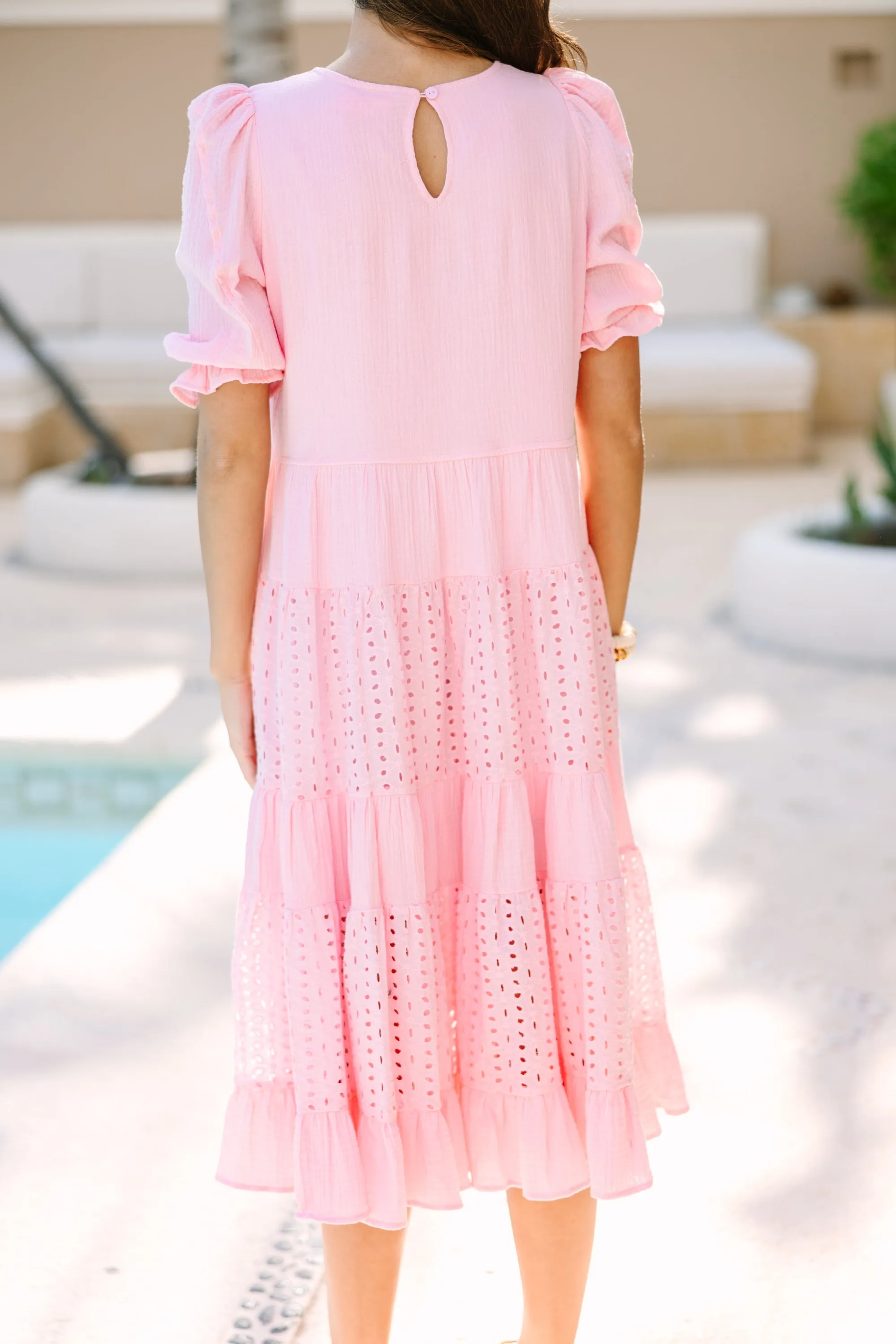 Making Moves Pink Eyelet Midi Dress