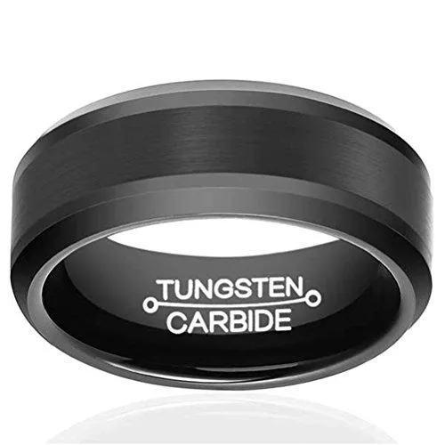 Men 8mm Black Tungsten Matte Finish Center Carbide Ring Wedding Engagement Band Comfort Fit