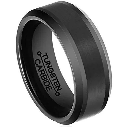 Men 8mm Black Tungsten Matte Finish Center Carbide Ring Wedding Engagement Band Comfort Fit