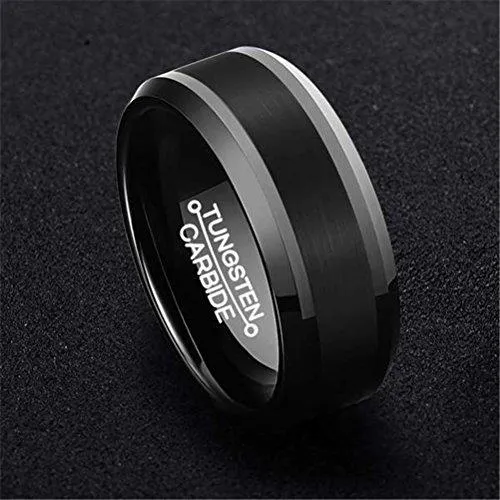 Men 8mm Black Tungsten Matte Finish Center Carbide Ring Wedding Engagement Band Comfort Fit