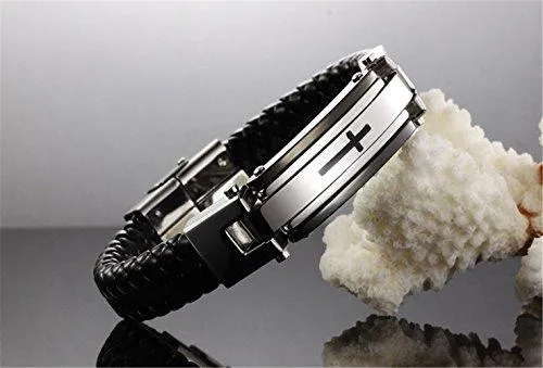 Men Stainless Steel Black ID PU Leather Bracelet Cross Cuff Christian Bangle Buckle Silver Wrist Band