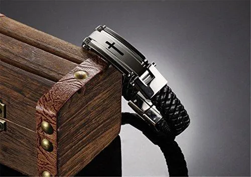 Men Stainless Steel Black ID PU Leather Bracelet Cross Cuff Christian Bangle Buckle Silver Wrist Band