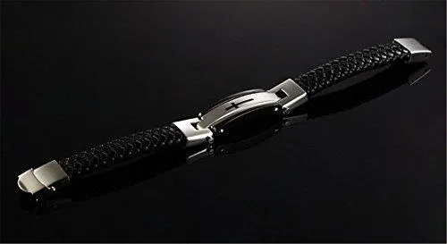 Men Stainless Steel Black ID PU Leather Bracelet Cross Cuff Christian Bangle Buckle Silver Wrist Band