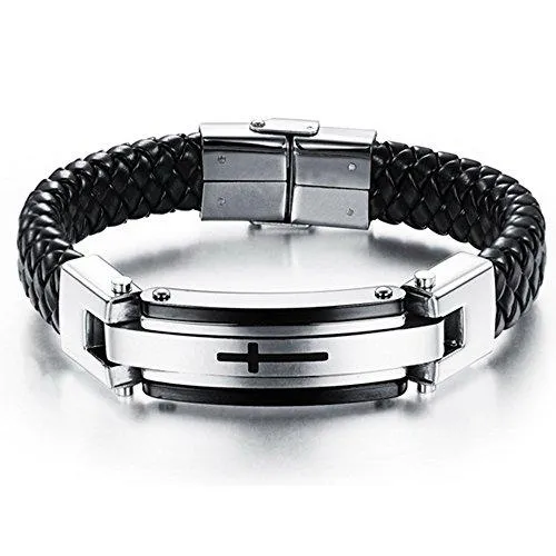 Men Stainless Steel Black ID PU Leather Bracelet Cross Cuff Christian Bangle Buckle Silver Wrist Band