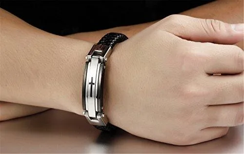 Men Stainless Steel Black ID PU Leather Bracelet Cross Cuff Christian Bangle Buckle Silver Wrist Band