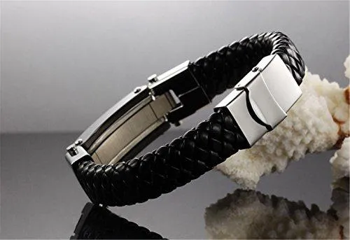 Men Stainless Steel Black ID PU Leather Bracelet Cross Cuff Christian Bangle Buckle Silver Wrist Band