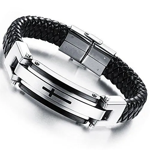 Men Stainless Steel Black ID PU Leather Bracelet Cross Cuff Christian Bangle Buckle Silver Wrist Band