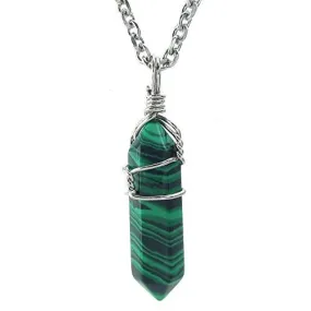 Men Women Malachite Hexagonal Prism Natural Gemstone Pendant Necklace