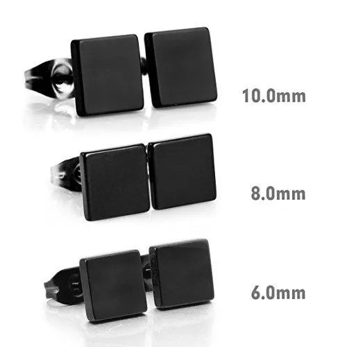 Men's 6~10mm Stainless Steel Studs Earrings Black Square