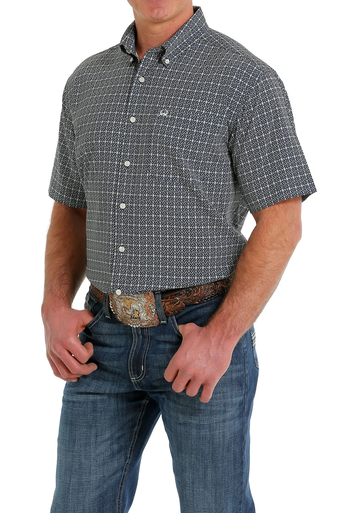 Men's Cinch Arena Flex Print Button Down Short Sleeve-Navy