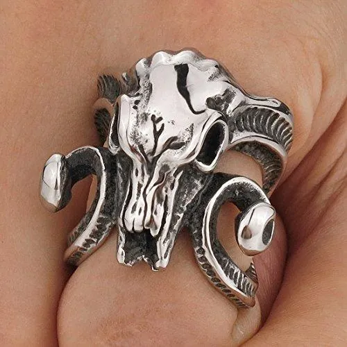 Men's Stainless Steel Ring Silver Tone Black Goat Horn Skull