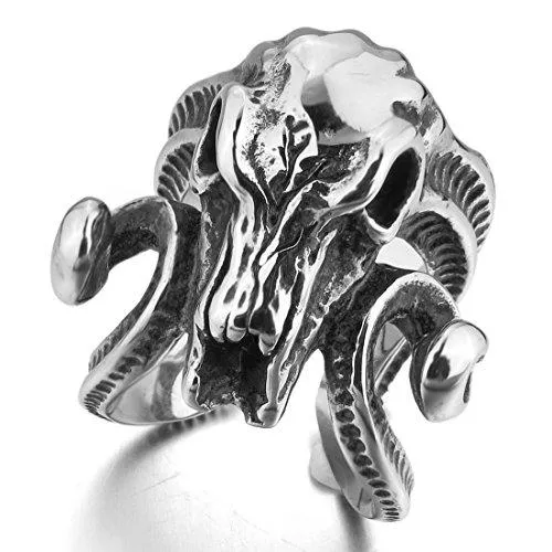 Men's Stainless Steel Ring Silver Tone Black Goat Horn Skull