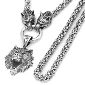 Men's Stainless Steel Two Wolf Heads with Wild Bear Head Pendant Necklace