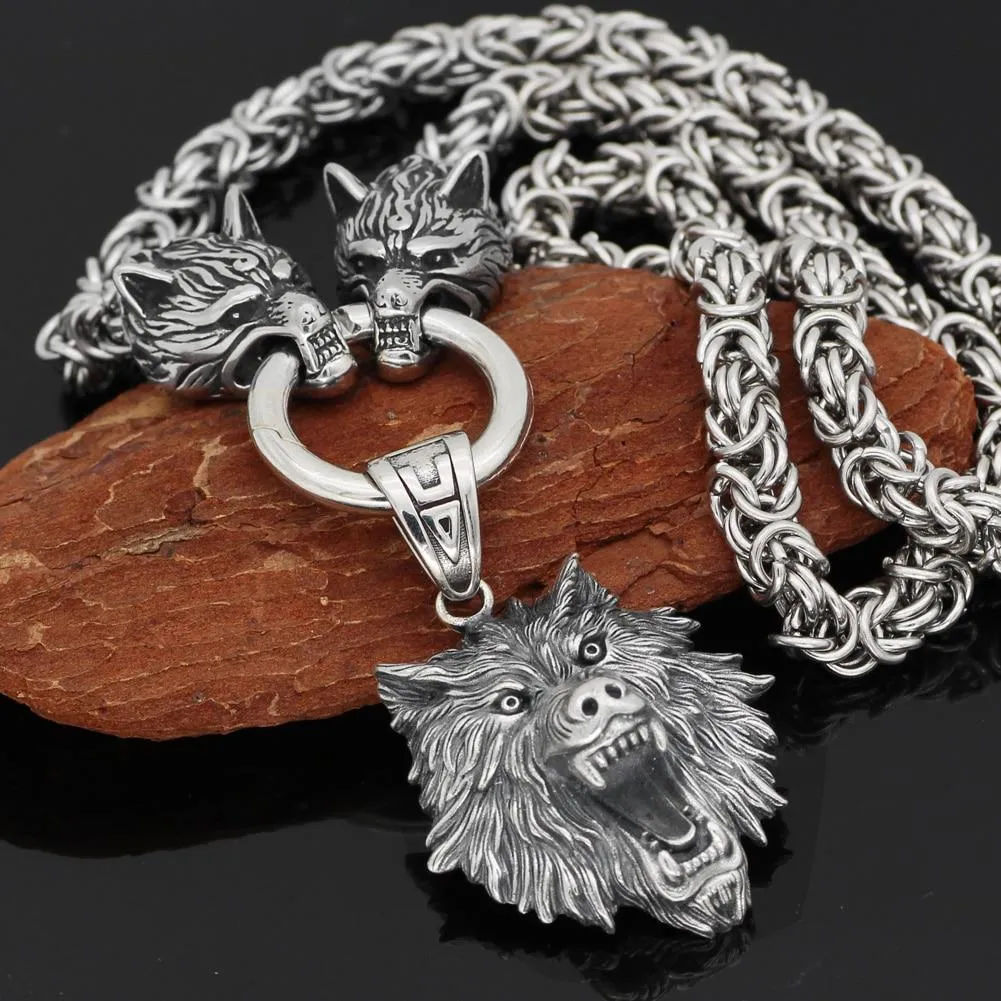 Men's Stainless Steel Two Wolf Heads with Wild Bear Head Pendant Necklace