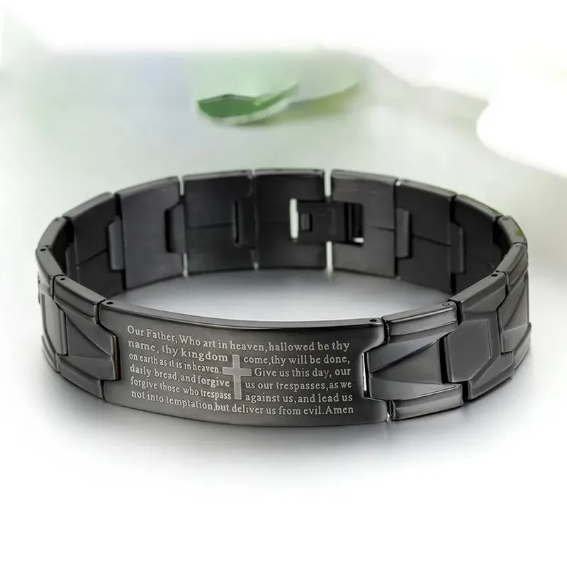 Men's Vintage Stainless Steel Black Cross Silver English Bible Lords Prayer Link Wrist Bracelet