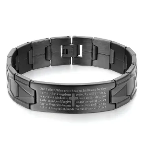 Men's Vintage Stainless Steel Black Cross Silver English Bible Lords Prayer Link Wrist Bracelet