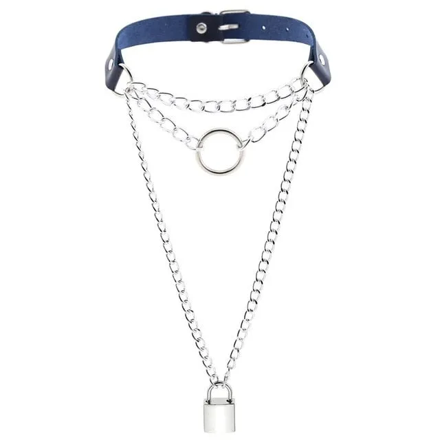 Multilayered Chain Links, Metal Ring, and Lock Pendant Collar Choker Leather Gothic Hip-Hop Necklace