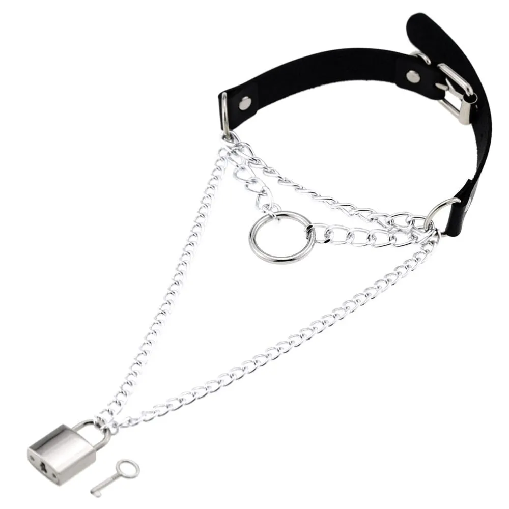 Multilayered Chain Links, Metal Ring, and Lock Pendant Collar Choker Leather Gothic Hip-Hop Necklace