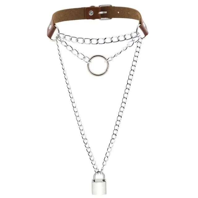 Multilayered Chain Links, Metal Ring, and Lock Pendant Collar Choker Leather Gothic Hip-Hop Necklace