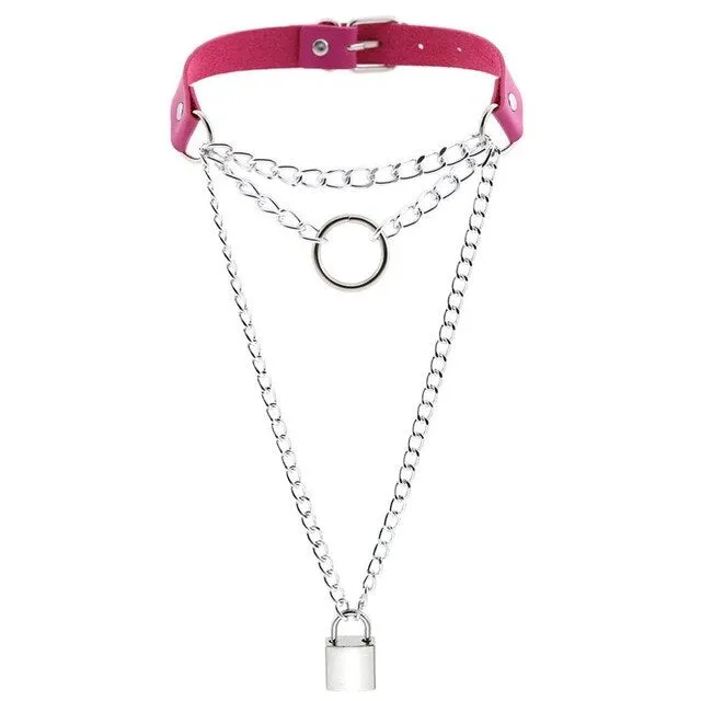 Multilayered Chain Links, Metal Ring, and Lock Pendant Collar Choker Leather Gothic Hip-Hop Necklace