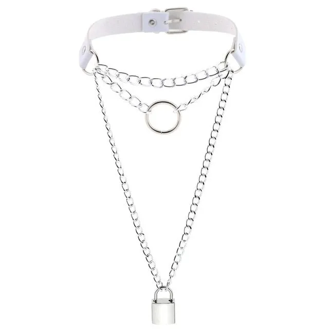 Multilayered Chain Links, Metal Ring, and Lock Pendant Collar Choker Leather Gothic Hip-Hop Necklace