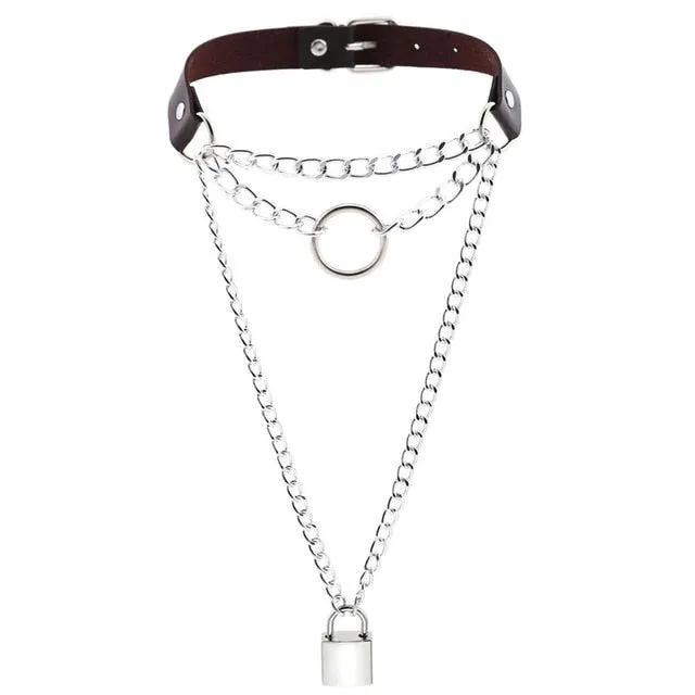 Multilayered Chain Links, Metal Ring, and Lock Pendant Collar Choker Leather Gothic Hip-Hop Necklace