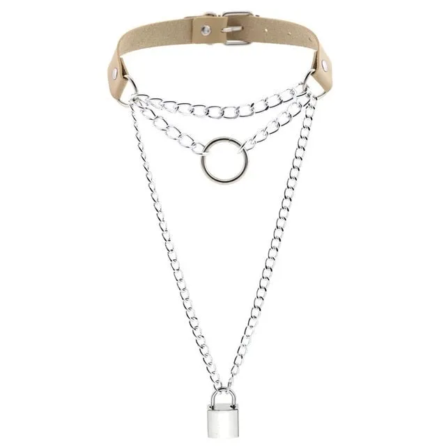 Multilayered Chain Links, Metal Ring, and Lock Pendant Collar Choker Leather Gothic Hip-Hop Necklace