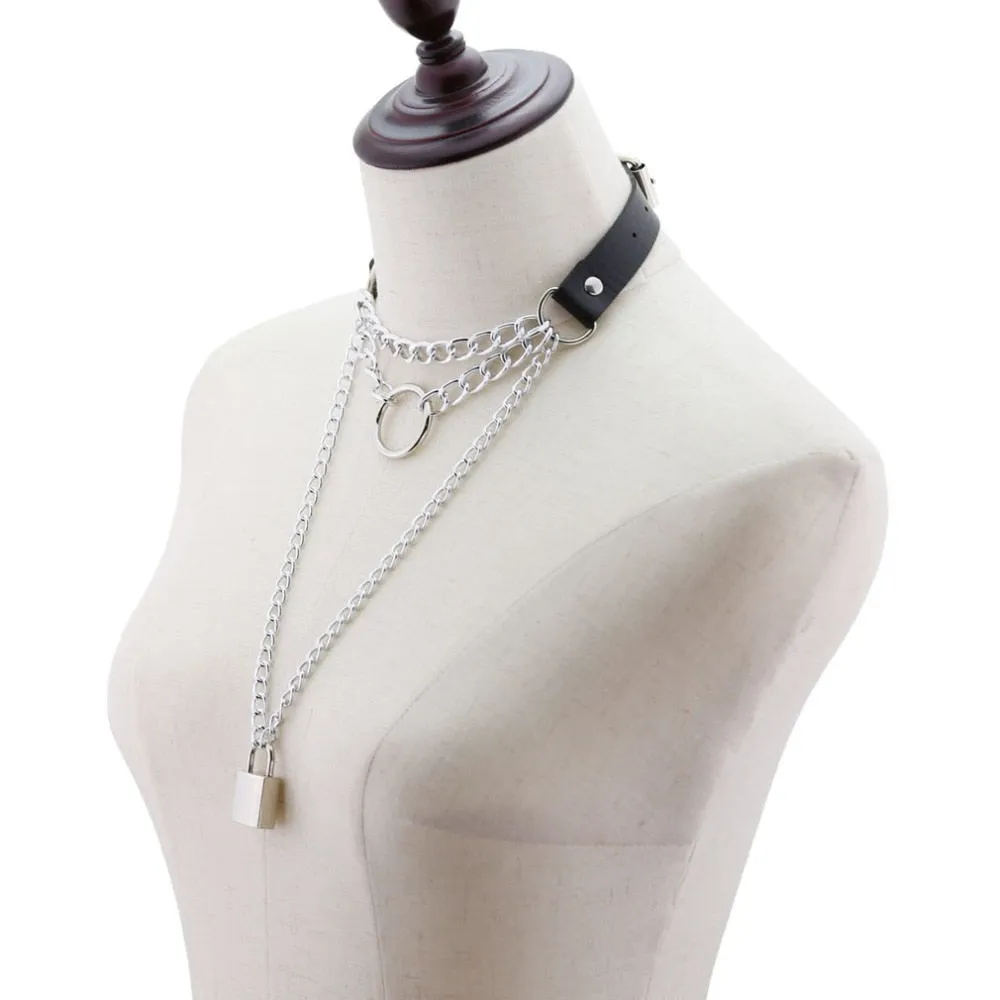 Multilayered Chain Links, Metal Ring, and Lock Pendant Collar Choker Leather Gothic Hip-Hop Necklace