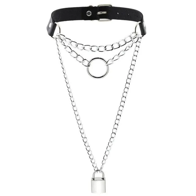 Multilayered Chain Links, Metal Ring, and Lock Pendant Collar Choker Leather Gothic Hip-Hop Necklace