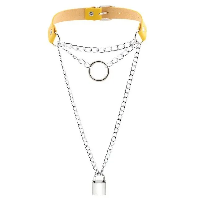 Multilayered Chain Links, Metal Ring, and Lock Pendant Collar Choker Leather Gothic Hip-Hop Necklace