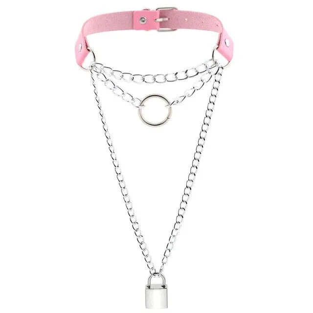 Multilayered Chain Links, Metal Ring, and Lock Pendant Collar Choker Leather Gothic Hip-Hop Necklace