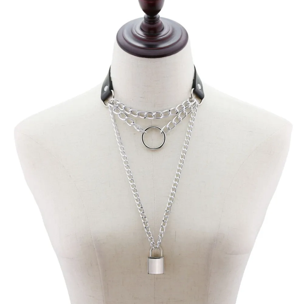 Multilayered Chain Links, Metal Ring, and Lock Pendant Collar Choker Leather Gothic Hip-Hop Necklace