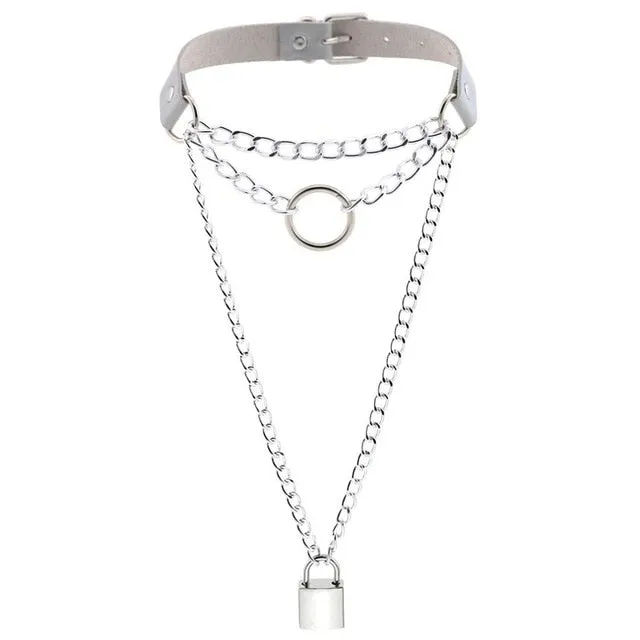 Multilayered Chain Links, Metal Ring, and Lock Pendant Collar Choker Leather Gothic Hip-Hop Necklace