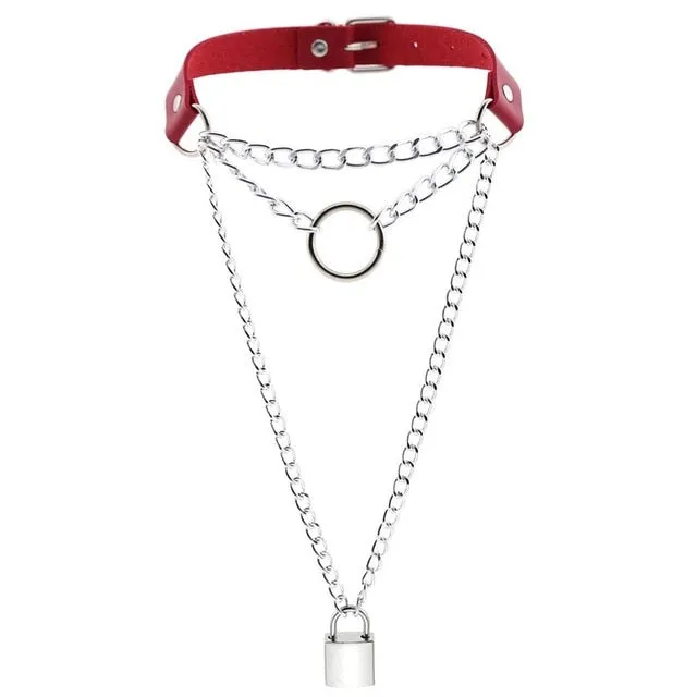 Multilayered Chain Links, Metal Ring, and Lock Pendant Collar Choker Leather Gothic Hip-Hop Necklace