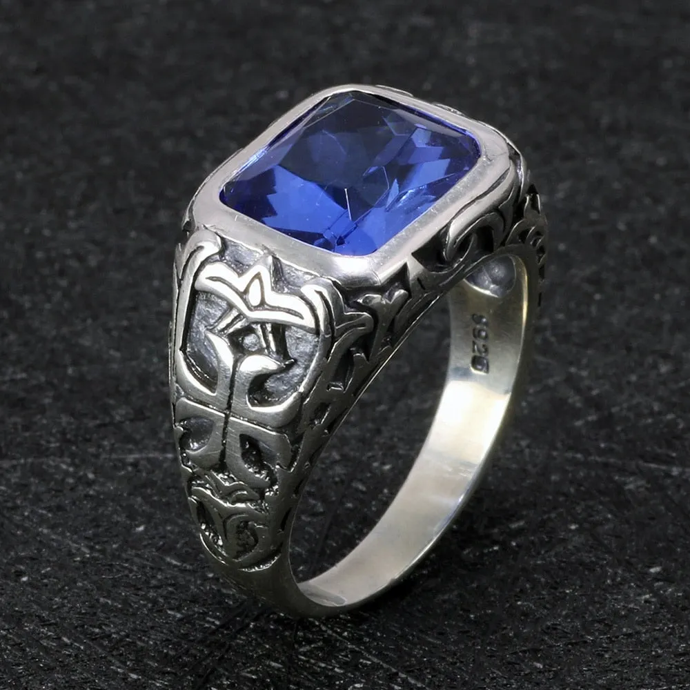 Natural Blue Crystal Stone and Engraved Flower 925 Sterling Silver Vintage Ring