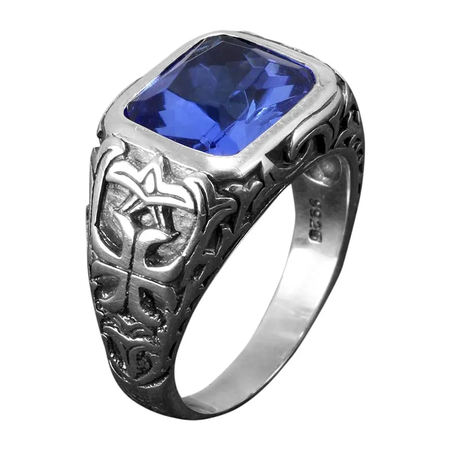 Natural Blue Crystal Stone and Engraved Flower 925 Sterling Silver Vintage Ring